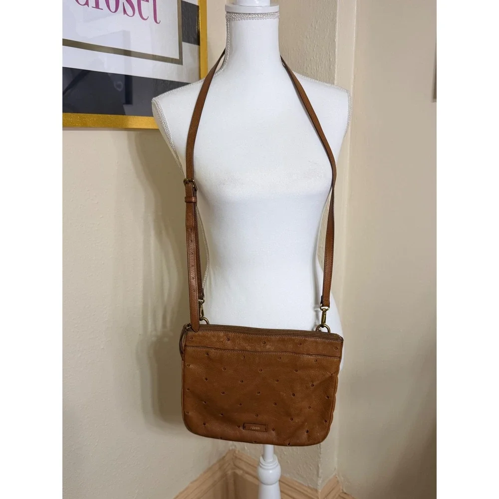 Fossil Brown Leather Perforated Crossbody Bag Cognac Zip Top Messenger Purse